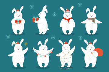 Obraz na płótnie Canvas Christmas rabbit cartoon set. Hand drawn cute hare with red hat, gift, balls or garland. New Year animal coney in different poses. Funny animals winter celebrate dark background