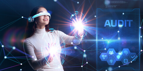 Naklejka premium Business, Technology, Internet and network concept. Young businessman working on a virtual screen of the future and sees the inscription: Audit