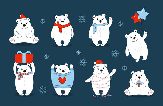 Christmas polar bear cartoon set. Hand drawn doodle cute vector bears with red hat, gift, balls or garland. New Year animal mammals in different poses. Funny animals winter celebrate dark background