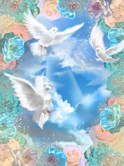 A background of Three white doves dance in the heaven