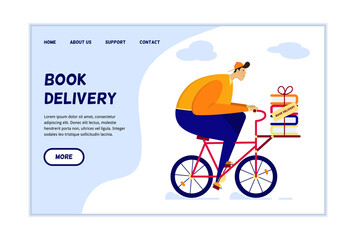 Online bookstore shipping information website page template. A fat cute courier on a bike delivers an order from a bookstore. Concept for a website for an online book store.