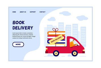 Fototapeta na wymiar Online bookstore shipping information website page template. Courier in A small red truck with a stack of books in the back delivers an online order. Concept for a website for an online book store.