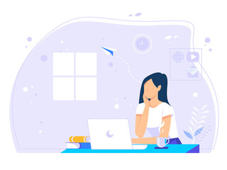 Freelance concept working. women think to get ideas. homework. flat vector illustration.