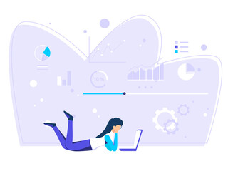 Woman lying in front of laptop. digital online work concept. flat power illustration.