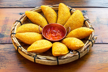 Angu pastry, with free-range chicken filling and now pro-nobs. Accompanying pepper jelly. Brazilian Mineira Food