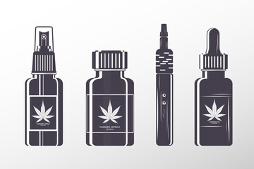 Forms of medical cannabis, marijuana set - pills, oil tincture, spray, patches and vaporizer, flat style vector illustration isolated on white background. Forms of medical cannabis