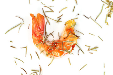Naklejka na ściany i meble roasted peeled prawn with dry rosemary isolated on white background ,grilled shrimp