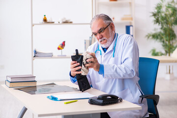 Old male doctor holding moneybag in the hospital