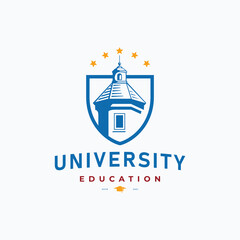 School tower building with shield and stars