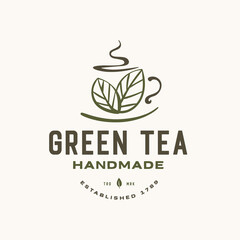 Cup and hot green tea leaf retro vector illustration