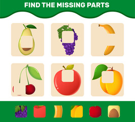 Find the missing parts of cartoon fruits. Searching game. Educational game for pre shool years kids and toddlers