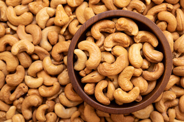 Top view of roasted cashew nuts in the bowl