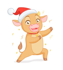Cute baby ox in Santas hat presenting. Vector cartoon character on white background.