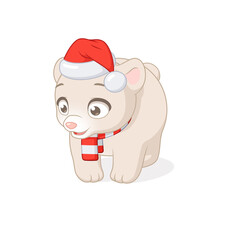 Polar baby bear in Christmas Santa Claus hat. Vector cartoon illustration.