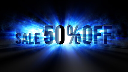 Cinematic Sale 50 Percent Off Lettering With Misty Blue Shine 3D Light Rays And Shadow On The Floor