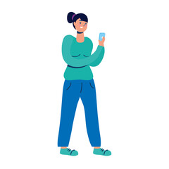 young woman using smartphone technology character