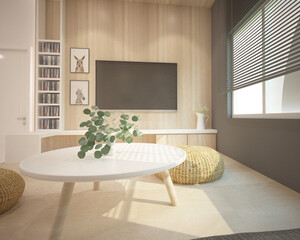 Modern minimalist muji family living, parents and children chilling space. 