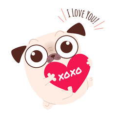 Cute and funny pug character holding a big heart, and sending a love message. Flat vector illustration. Isolated on white background.