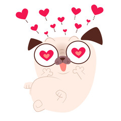 Cute and funny pug character with a lot of hearts and heart shape eyes. Flat vector iillustration. Isolated on white background.