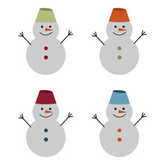 Set of Christmas snowmen in multi-colored hats, isolated on a white background, color vector illustration in flat style, clipart, design, decoration, icon, scrapbooking