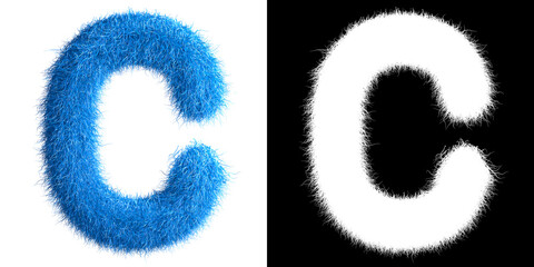 Alphabet C made from fur with alpha mask, fur font, 3d alphabet. 3d illustration.