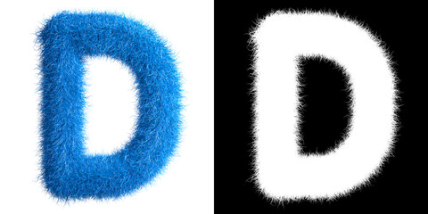 Alphabet D made from fur with alpha mask, fur font, 3d alphabet. 3d illustration.