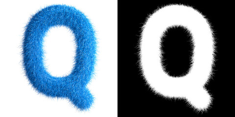 Alphabet Q made from fur with alpha mask, fur font, 3d alphabet. 3d illustration.