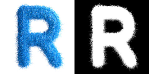 Alphabet R made from fur with alpha mask, fur font, 3d alphabet. 3d illustration.