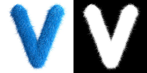 Alphabet V made from fur with alpha mask, fur font, 3d alphabet. 3d illustration.