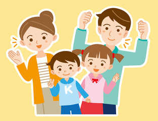 仲良し親子4人家族イラスト/白フチ