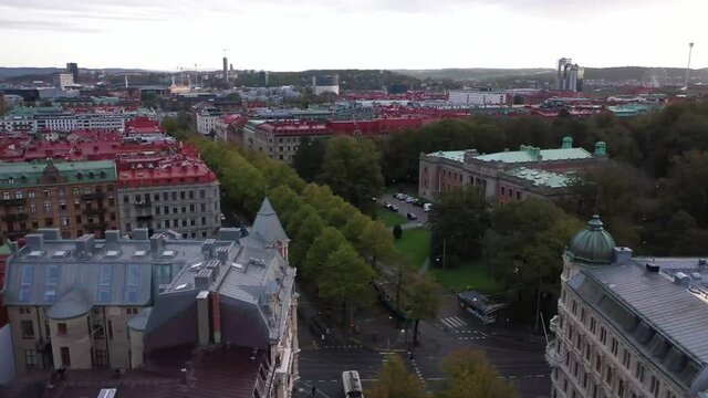 Vasagatan in Gothenburg, Sweden from above with drone flying by