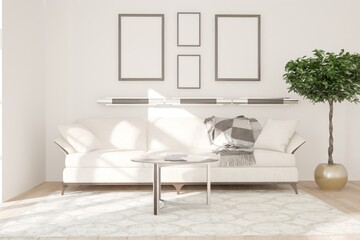 modern room with sofa,pillows,plaid,table,books,lamp and plant interior design. 3D illustration