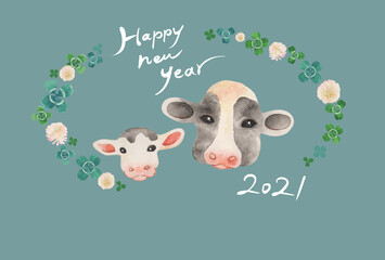 年賀状 2021年 水彩画 牛の親子と四つ葉のクローバー ブルー背景（賀詞：あり／添え書き：なし）