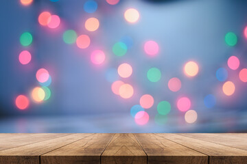 Naklejka na ściany i meble 3D Rendering, Wooden top table with bokeh light effect and blur background