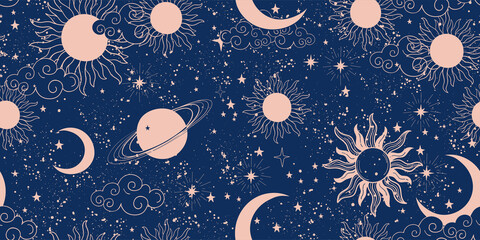 Seamless blue space pattern with sun, crescent and stars on a blue background. Mystical ornament of the night sky for wallpaper, fabric, astrology, fortune telling. Vector illustration © Salomi art