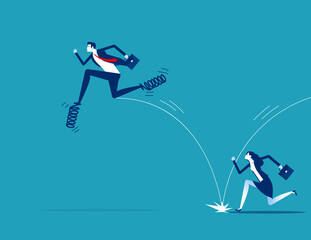 Leadership uses spring to jump in front of his companion. Business competition concept