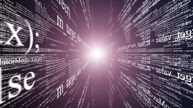 Abstract digital program code in blocks on a black background