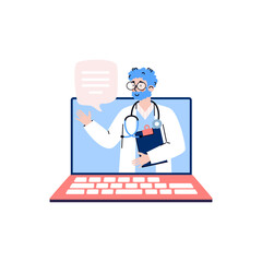 Medic or doctor cartoon character in computer screen, flat cartoon vector illustration isolated on white background. Online medical diagnosis and counseling.