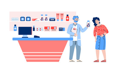 Obraz premium Woman with pain in drugstore getting medications, flat vector illustration isolated on white background. Pharmacy and medical prescription, online pharma shop.