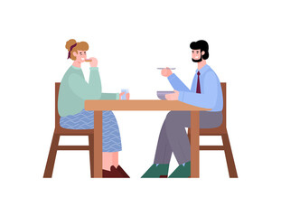 Office workers or colleagues communicating and snacking during break, flat cartoon vector illustration isolated on white background. Lunch break at office scene.
