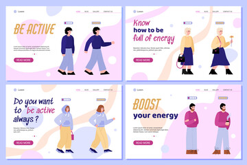 Set of vector landing pages templates with people tired and energetic. Battery icon with an indicator showing low and high energy levels. Cheerful, boost and active lifestyle.