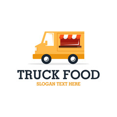 Food Truck Logo template, Street food truck icon template. Vector line trade van illustration. Mobile café car logo background.