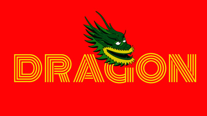 Fototapeta na wymiar Dragon typography with green Chinese dragon head illustration against red backfground.