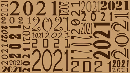 New Year's theme illustration with various kinds of writing 2021 on light brown background