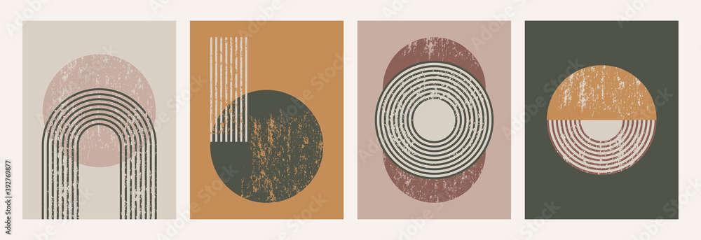Wall mural set of abstract art background in trendy minimal style with simple shapes - circles and stripes. vec