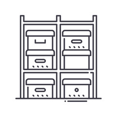 Shelf with boxes icon, linear isolated illustration, thin line vector, web design sign, outline concept symbol with editable stroke on white background.