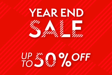 Year end sale up to 50 percents off on red and white background