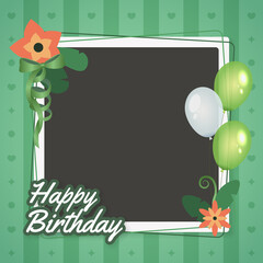 Fototapeta premium Happy birthday frame with balloons and flowers