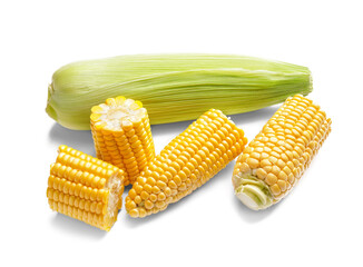 Fresh corn cobs on white background