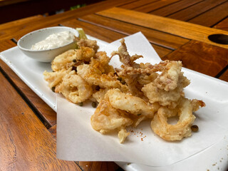 Fried squid rings with blue cheese dip